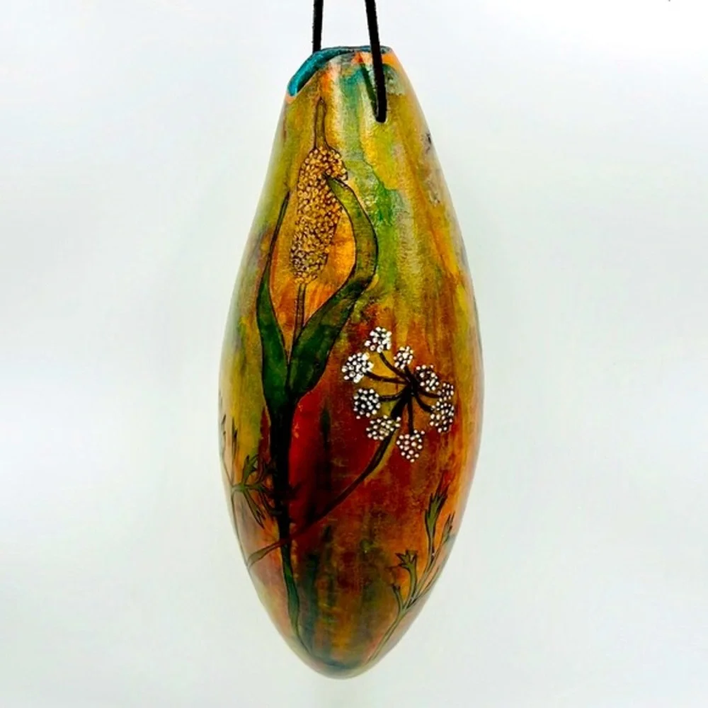 “ Hanging Cattails & Lace ” Original Gourd Art Vase / Vessel by Kristina Simkins - Picture 3 of 10